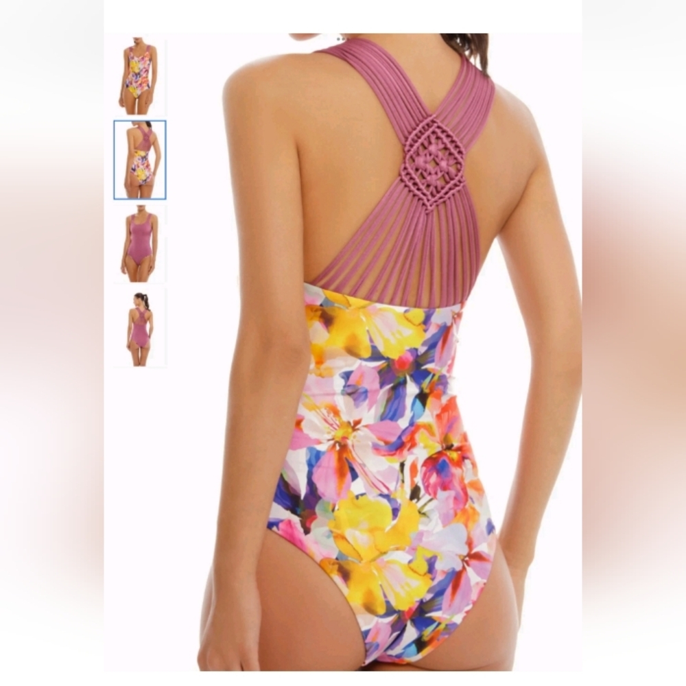 Cosita Linda Vibrant Floral Reversible Macramé One-Piece Swimsuit Size S NWT